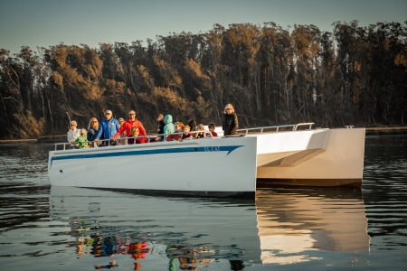 A group of enthusiastic passengers gather along the shoreline, captivated by the endearing sight of otters frolicking in their natural habitat. With rapt attention, they observe as the otters gracefully navigate the shimmering waters, a testament to their agile nature and playful demeanor. The passengers' faces light up with awe and delight, as they witness this intimate glimpse into the otters' world, fostering a deeper appreciation for the wonders of wildlife in their own environment.